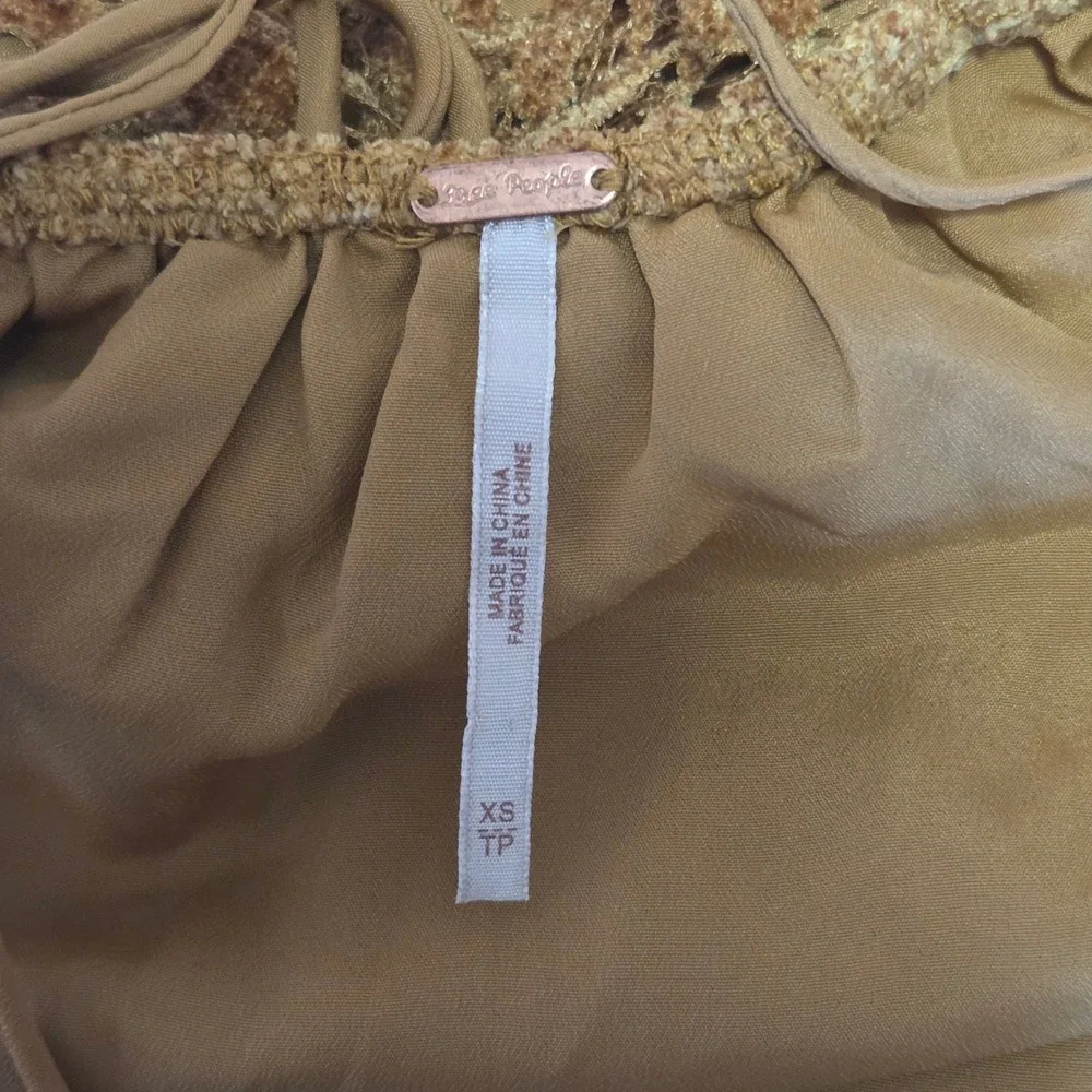 Free People Mustard Gold Lace Open Back‎ Mini Dress Ruffle Hem Womens Size XS